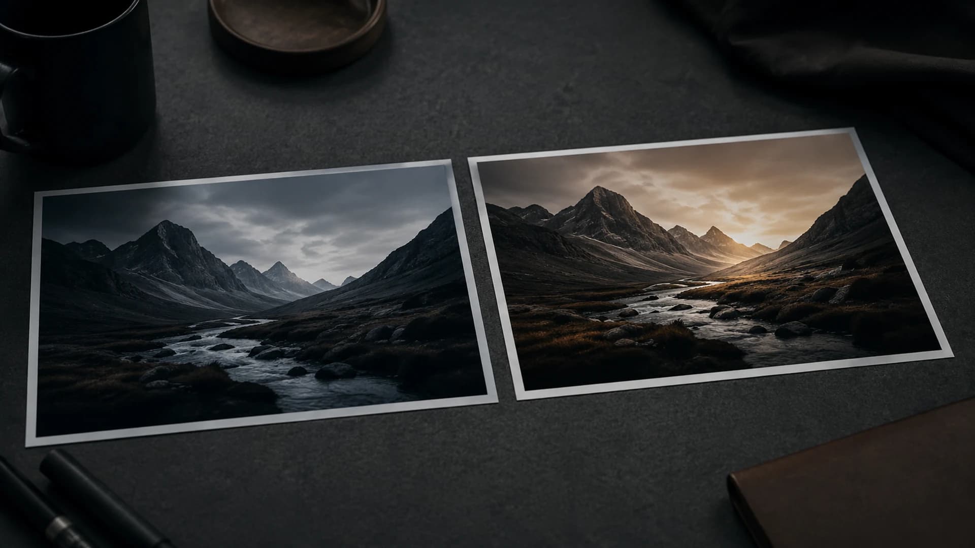 Two prints of the same mountain landscape with cooler and warmer film-inspired color interpretations.