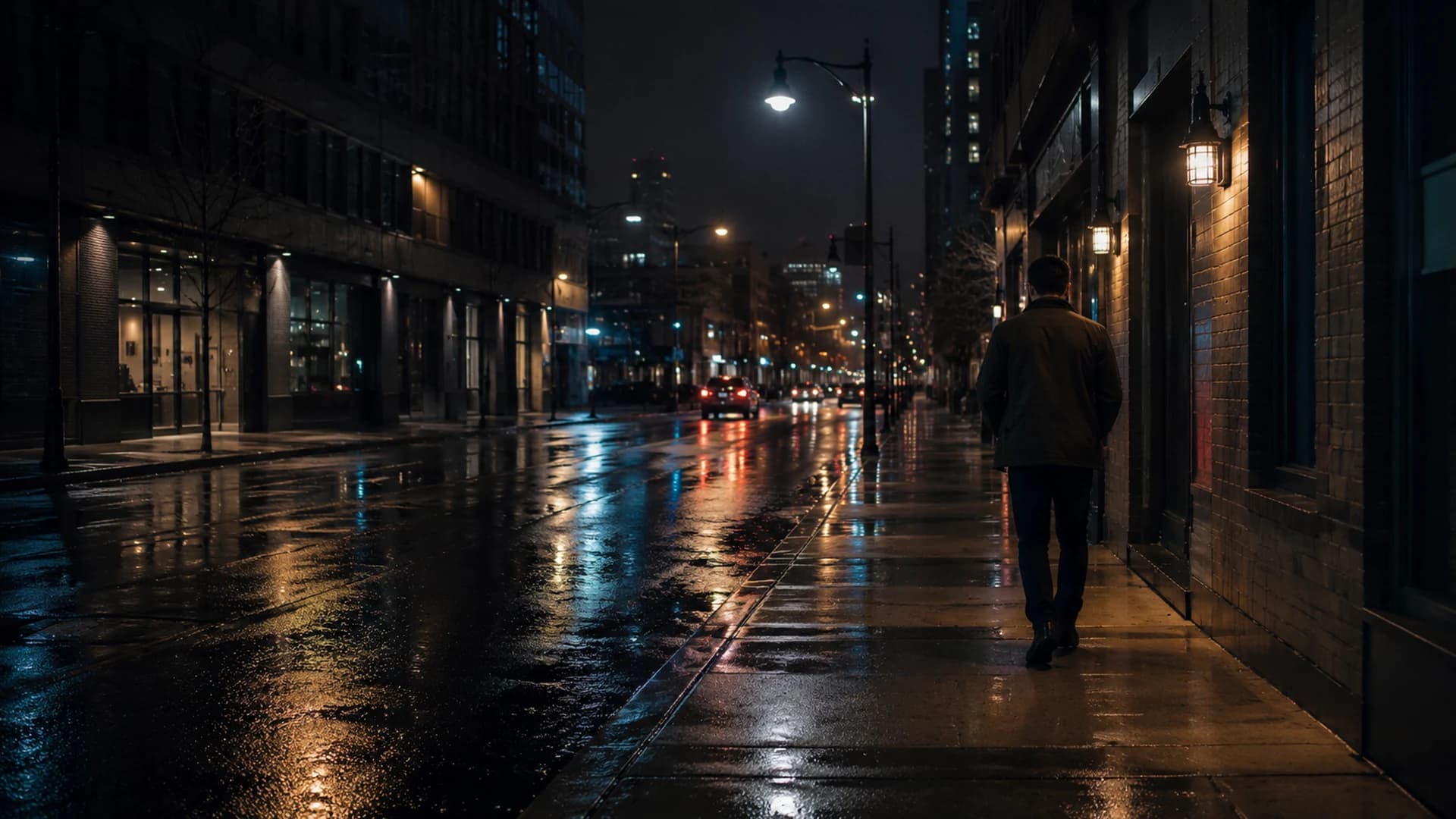 A person walking along a rain-soaked city street at night with mixed warm and cool reflections.