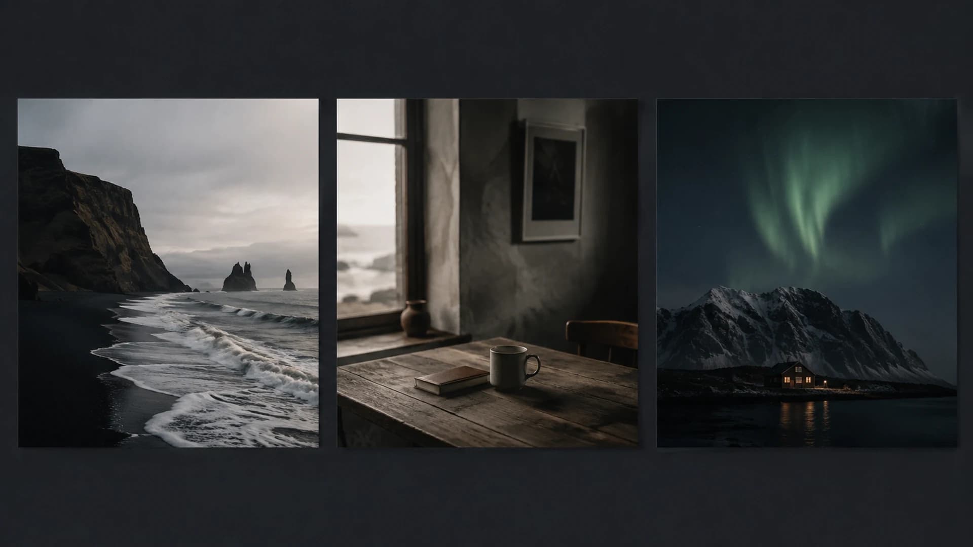 A three-image photographic series showing a coastal landscape, an interior scene, and a night landscape with consistent visual style.