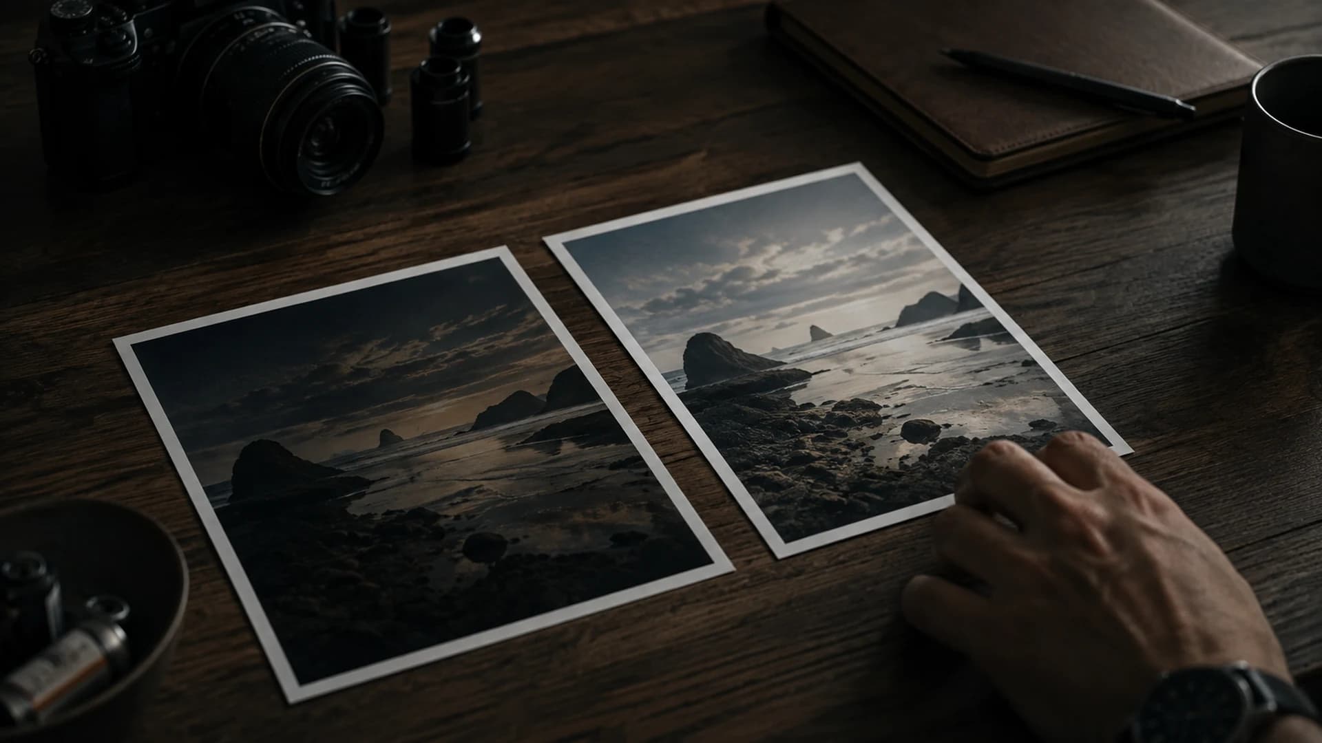 Two prints of the same coastal scene shown at different exposure levels on a photographer's desk.