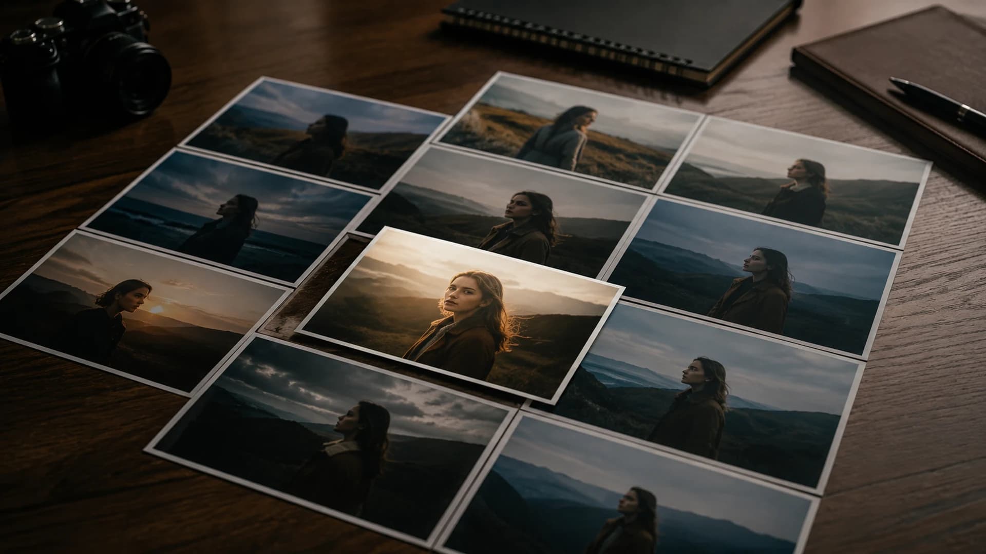A collection of photographic prints showing the same subject with different color moods and one image emphasized.