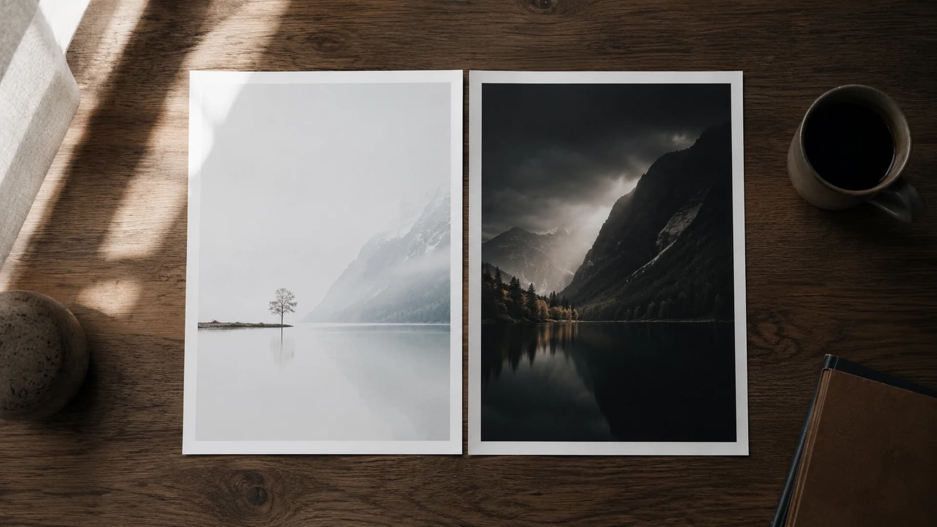 Two landscape photographs side by side, one very bright and one very dark, illustrating tonal range.