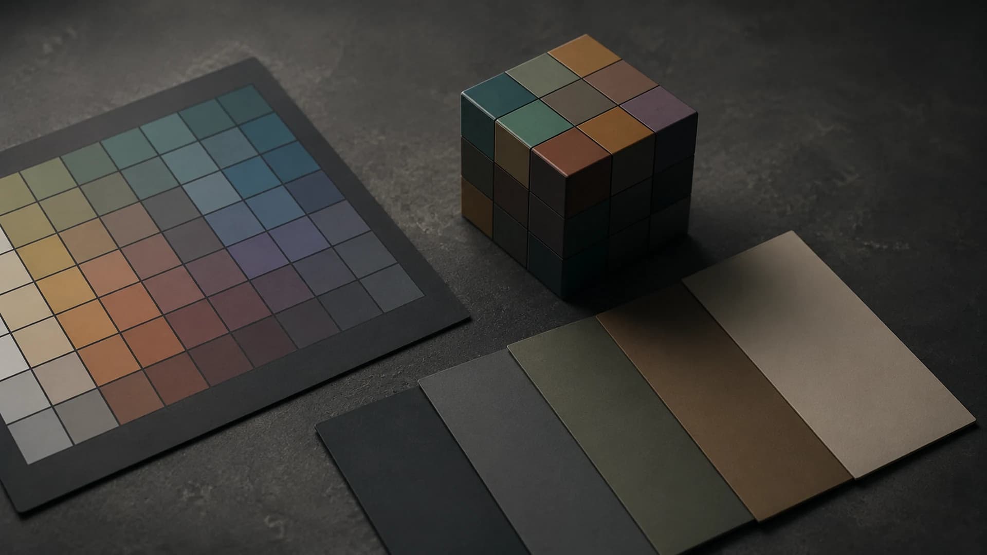 A color chart, muted color swatches, and a geometric color cube arranged on a dark studio surface.