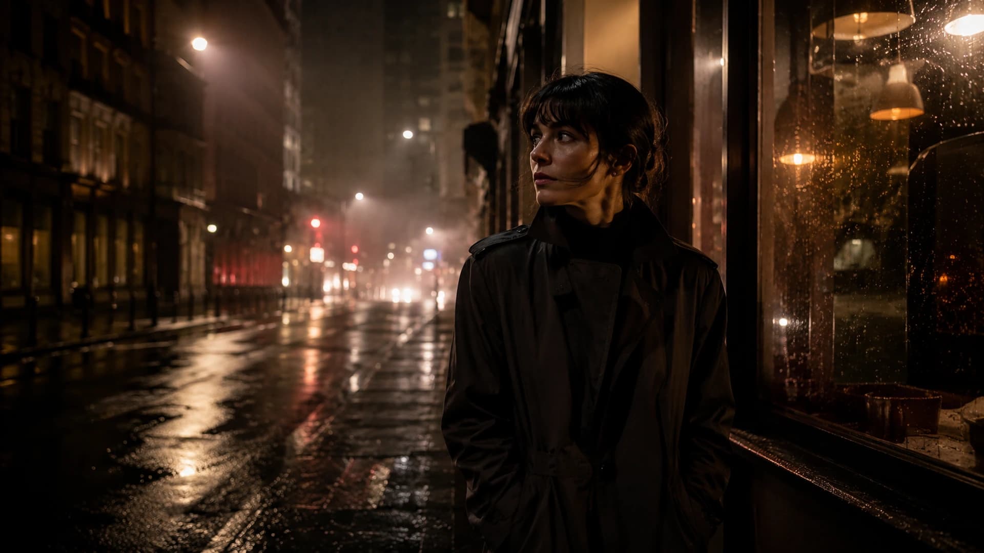 A woman standing on a rain-soaked city street at night, surrounded by layered warm lights, reflections, and atmospheric shadows.
