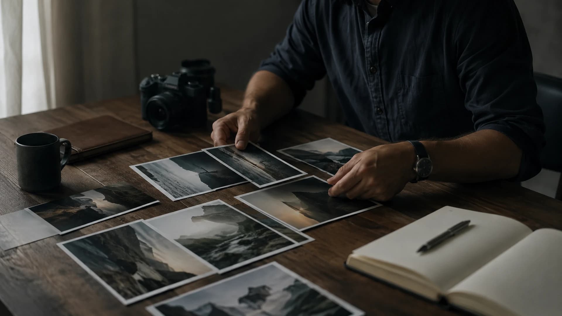 A photographer reviewing printed landscape photographs at a wooden desk with a camera and notebook.