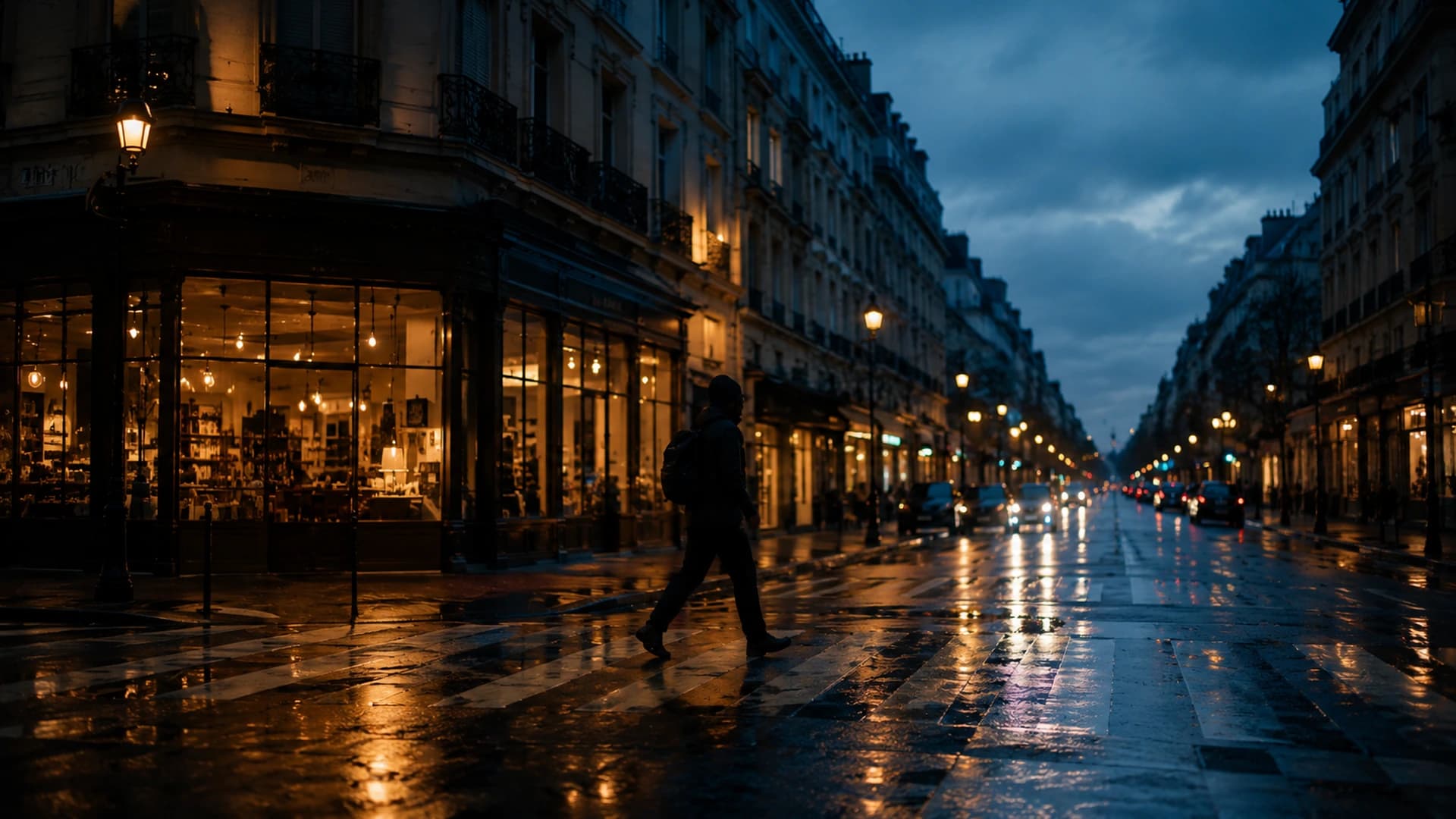 A person crossing a wet city street at dusk, with warm storefront light, a cool evening sky, and reflections spreading across the pavement.