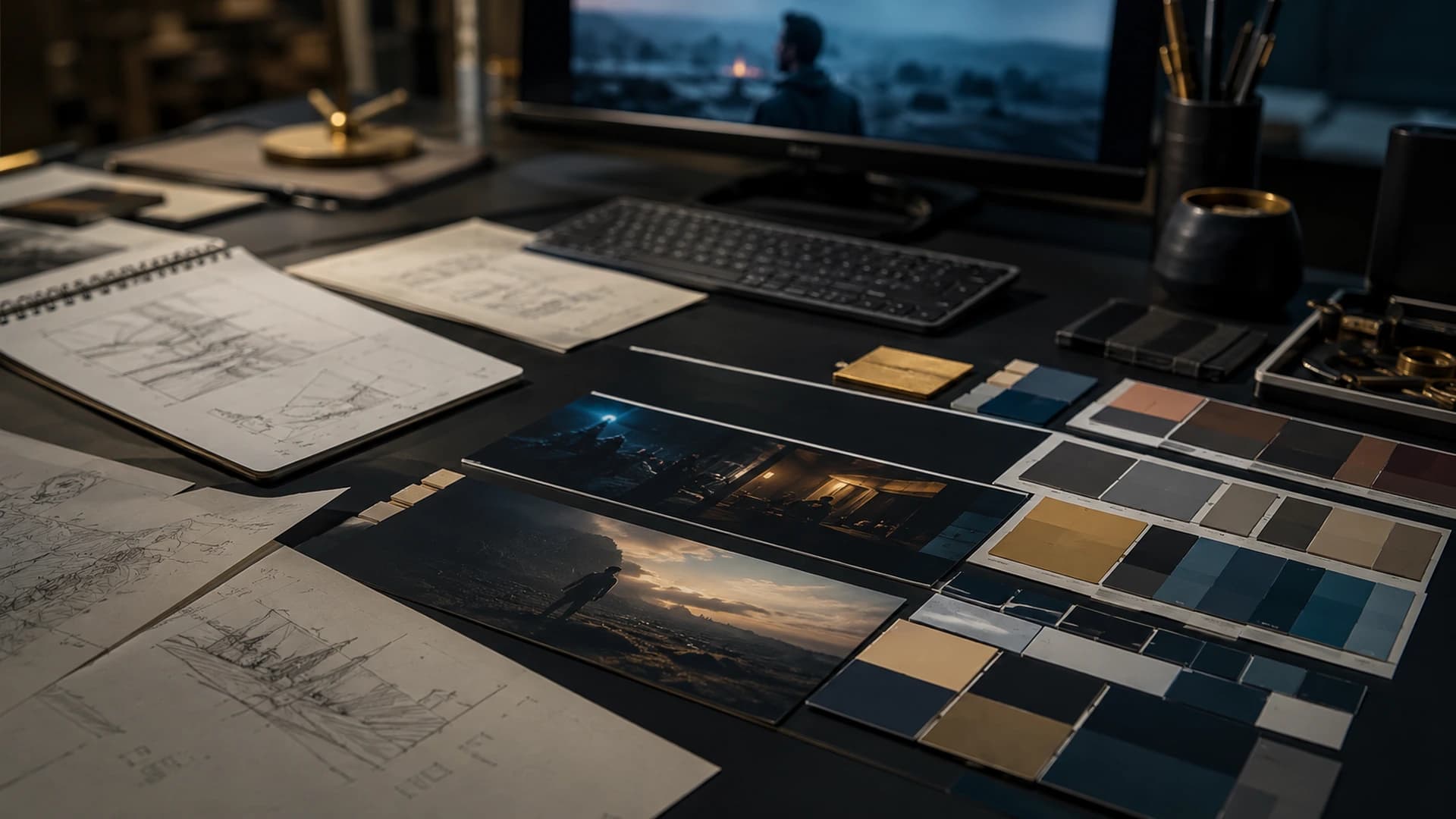 A dark, refined photographic composition with a structured bright center, layered surfaces, and restrained light, reflecting the design philosophy behind the CineLook workspace.