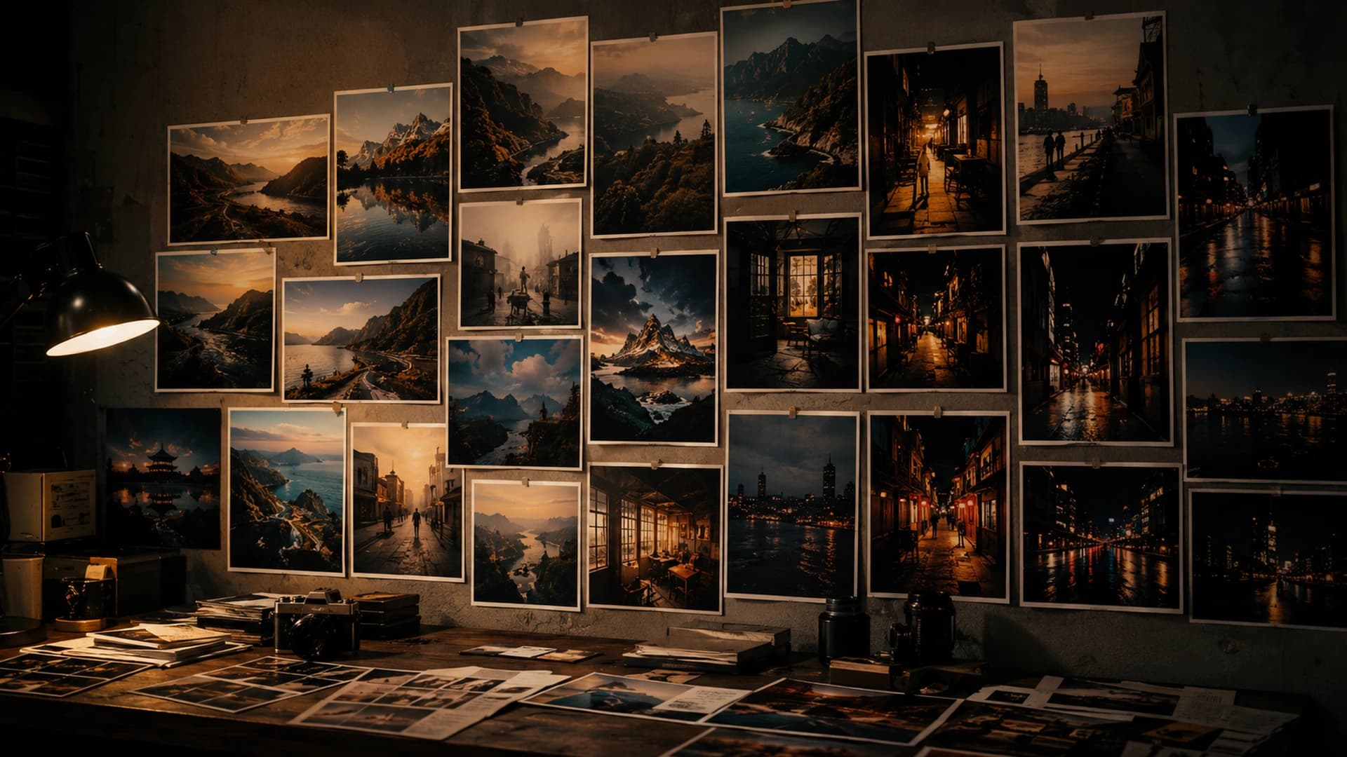 A person standing in a dark, warm-toned travel scene with layered buildings and soft highlights, representing a visual direction chosen for a place and time.