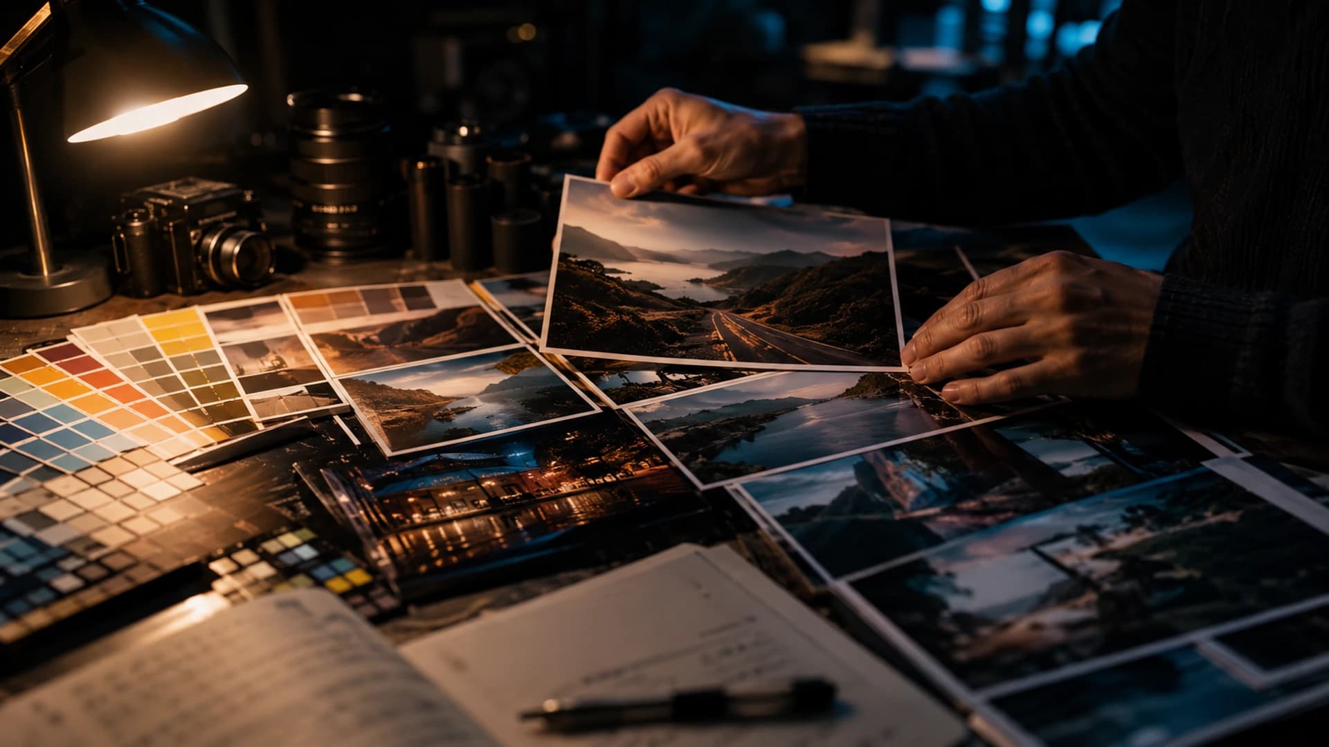 A dark, warm-toned photographic scene with a glowing subject in the center and deep shadow detail, reflecting the visual decisions at the heart of the CineLook workflow.